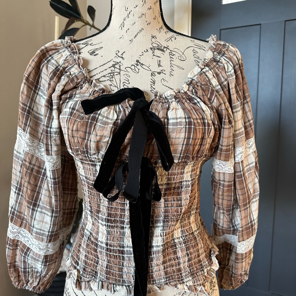 Urban Outfitters Plaid Smocked Women's Top with Lace Trim
